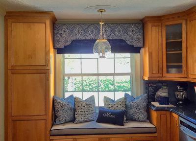 Cozy Kitchen Window Bench with Striking Coordinating Shade Cornice & Pillows