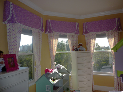 Girl's Matching Ball Trimmed Purple Tailored Valances over White Polka-dot Panels