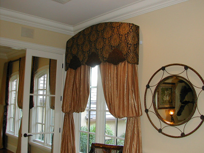 Curved Top and Shaped Bottom top treatment Valance on Bishop Sleeve draperies
