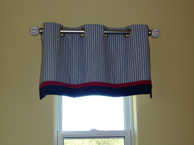 Boy's blue striped, Double Banded Grommet valance on Deco Pole w Real BB Finials