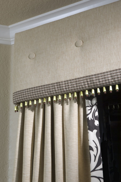 Spectacular Upholstered Cornice with Double Trims & Coordinated Drapery Panels